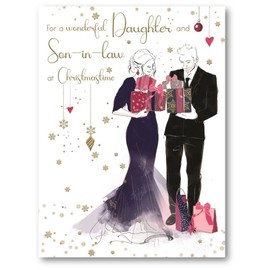 Wonderful Daughter and Son-in-Law Christmas Card - Dressed Up Couple with Gifts Embossed with Foil Details - By International Cards and Gifts