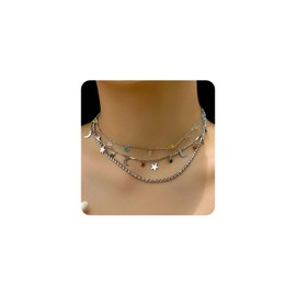 GIGB PBDK Boho Moon Star Pendant Necklace Set for Women Gold Trendy Stackable Colorful Stone Crystal Choker Adjustable Collarbone Necklace Set Jewelry Gift (Silver)