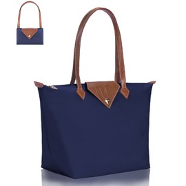Tote Bag for Women, Large Lightweight Nylon Shoulder Handbags And Travel Work Purse, Foldable With Zipper Top Handle (Blue)