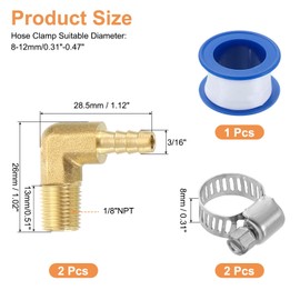 sourcing map 2Pcs Brass Hose Barb Fittings, 3/16" x 1/8" NPT 90 Degree Elbow Hose Connector with Hose Clamps for Water Fuel Gas Oil Transportation