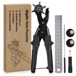 Diyife Belt Hole Puncher, [with Rotatable Punching Head], Hole Punch with Adjustable Hole Size, Equipped with Ruler, Extra Plate, Screwdriver. Suitable for Belts, Cards, Rubber, Paper (Black)