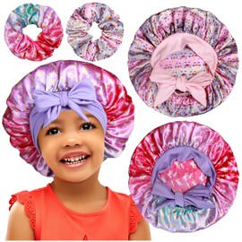 2+2 Satin Bonnets with Scrunchies for Kids, Cute Hair Bonnets for Girls Sleeping Curly Hair, G