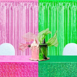 PHOGARY Pink and Green Party Decorations Holographic Tablecloth Glitter Laser Table Covers Streamers Backdrop Fringe Curtains for Girls Women Witch Princess Birthday Party Decor Cosplay