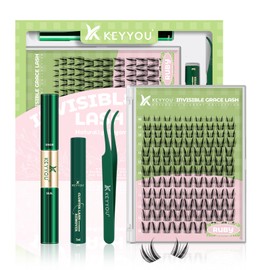 KEYYOU Fairy Ruby Lash Clusters Kit Manga Lash Extension Kit D Curl 108Pcs Eyelash Extension Kit Wispy Natural Invisible Band Lash Kit with Waterproof DIY Lash Extension Kit at Home(Ruby-D-8-18MIX)