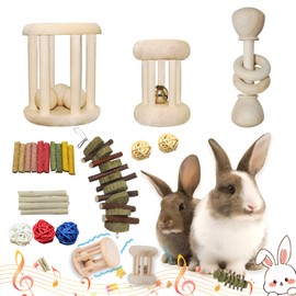QWR 23 PCS Natural Wooden Rabbit Toys,Safe Bunny Chew Toys for Teeth,Grass Timothy Sticks,Sweet Bamboo,Guinea Pigs Teeth Grinding Toys for Chinchillas, Hamsters & Small Animals - Indoor & Outdoor