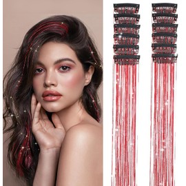 PORSMEER 12Pcs Clip in Hair Tinsel Kit,Colorful Red Glitter Heat Resistant Hair Tinsel Extensions Fairy Hair with Clips, Sparkle Strands Festival Gift Party Dazzle Hair Accessories 20 Inch for Women