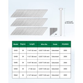 meite 15 Gauge Angled Finish Nails, 1-1/4-Inch 34 Degree DA Series Galvanized Finishing Nails for Nailer Guns - Perfect for Window Trim, Cabinet Building and Other DIY Projects (2,000 Counts)