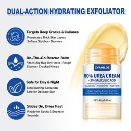 ZyraGloz Urea Cream Stick 60% plus Salicylic Acid 2%, Maximum Strength Urea Foot Cream for Dry Cracked Heels, Feet Callus Remover, Hands Knees Exfoliating Dead Skin, Softening Skin Moisturizer Lotion