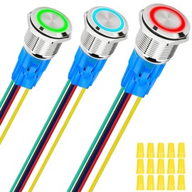 MKBKLLJY 3Pcs 16mm Self-Locking Silvery Push Button Switch Waterproof with 12V Red/Blue/Green LED Angel Ring Head for 0.63" Mounting Hole with Wire Socket Plug Self-Locking,Wiring Cap,for Car Boat RV