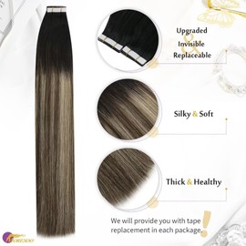 Moresoo Tape in Hair Extensions Human Hair,24 Inch 10 Pcs 25 Gram,#1B/3/27 Black to Dark Brown with Caramel Blonde, Seamless Hair Extensions Fashion