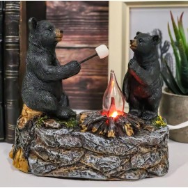 Rustic Forest Father Son Black Bears Making Smores Bonfire Night Light Figurine