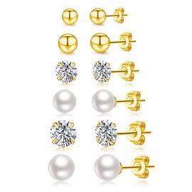 LOUMILEO 6 Pairs Gold Stud Earrings Set Hypoallergenic Small Pearl Stud Earrings for Women Tiny Cubic Zirconia Ball Studs Earrings for Women Man 3-6MM