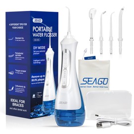 Seago Portable Professional Oral Irrigator with USB Port, 30 Days, 5 Jet Nozzles, DIY Modes, 200ml Travel, IPX7 Waterproof (White)
