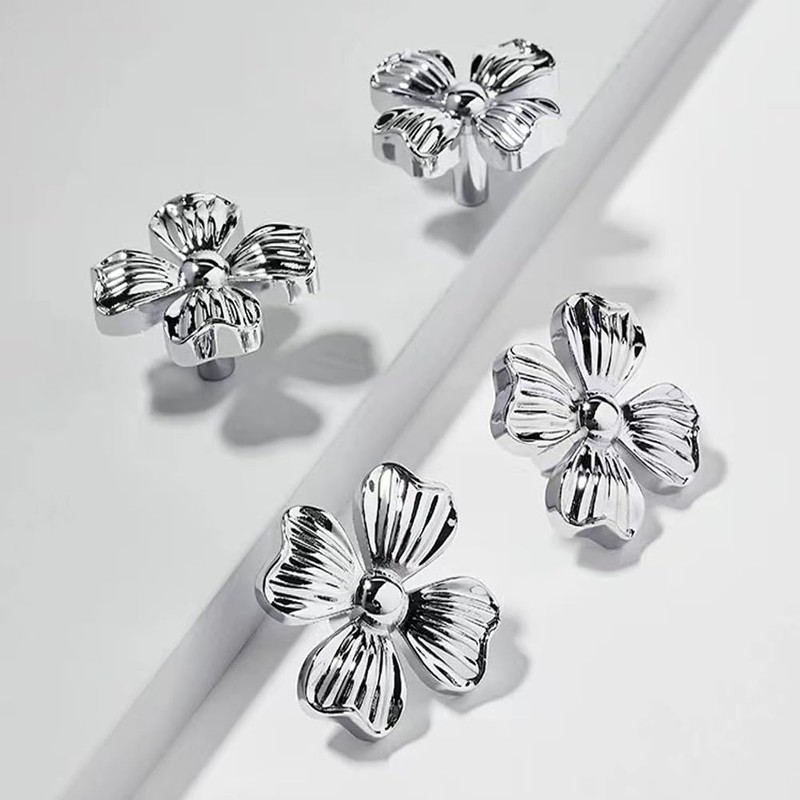 AHQKCRF 2 Pcs Flower Drawer Pulls Silver Cabinet Knobs Funky