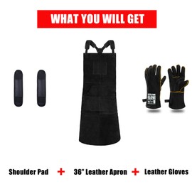QeeLink Welding Apron for Men with Gloves - Heat & Flame-Resistant Leather Work Shop Blacksmith Aprons, Adjustable M to XXXL, 24" X 42", Black