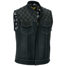 Leatherick Mens Black Motorcycle Vests - SOA Club & Traditional Paisley Satin Liner Leather Biker Vests (US, Alpha, 5X-Large, Regular, Regular, Black (White Diamond))