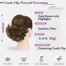 BARSDAR Drawstring Comb Clip Ponytail Extension - 10 Inch Short Clip in Ponytails Hairpieces for Women - Synthetic Highlight Ponytail Extension Fake Pony Tails - Dark Brown with Highlights