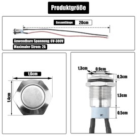 Powice Pack of 2 12 mm waterproof switch, pressure switch, self-locking stainless steel button switch, 12 V/230 V, suitable for horns, car bells, cars etc. with wire (protruding)