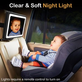 Baby Car Mirror with Light - Remote Control, 360° Adjustable, Shatter Resistant Car Seat Mirror - Clear Night Vision, Easy Installation for Rear Facing Infants