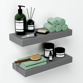 Homeforia Gray Floating Shelves for Wall, Premium Solid Wood Grey Shelf, Grey Bathroom Shelves, Heavy Duty Bracket, 16 x 6.5 x 1.75 inch, Set of 2