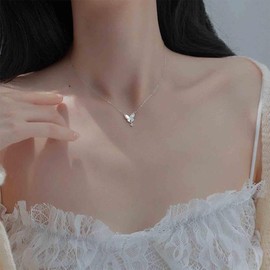 Aneneiceera Vintage Acrylic Butterfly Choker Necklace Enamel White Butterfly Pendant Necklace Tiny Crystal Necklace Short Cz Butterfly Collar Necklace Jewelry for Women and Girls