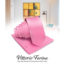 Vittorio Farina Premium Solid Satin Necktie & Pocket Square Set for Men (Bubble Gum Pink)