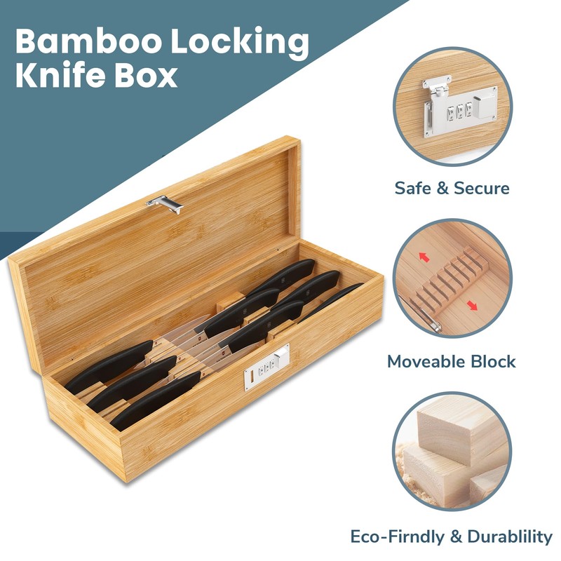 Upgraded Combination Lock Bamboo Locking Kitchen Knife Storage – Secure
