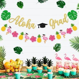 Bessmoso Aloha Graduation Party Decorations Tropical 2024 Gold Glitter Luau Aloha Grad Banner Flamingo Pineapple Hibiscus Hawaiian Luau Party Supplies Favors Class of 2024 Graduation Gifts