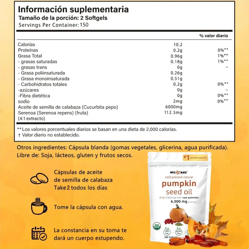 Mvpcare Cápsulas Aceite Calabaza 6000mg 300 Blandas Prensado Frío Virgen