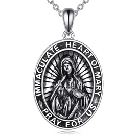 YFN Virgin Mary Necklace Sterling Silver Immaculate Heart of Virgin Mary Pendant Necklace Our Lady of Guadalupe Jewellery for Women Christian Gifts