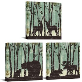RyounoArt Wildlife Wall Art Canvas Bear Deer Moose in Forest Pictures Rustic Wild Animal Painting for Cabin Hunting Room Farmhouse Wall Decor Framed 12"x12"x3pcs