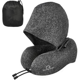 Joytential Travel Neck Pillow with Large Hood for Long Flights, Privacy Hooded Plane Pillow with Skin-Friendly Cover, Comfort Memory Foam, Travel Pillows for Road Trip, Airplane, Office Rest (Grey)