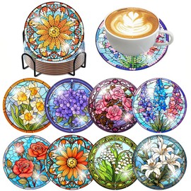 8 PCS Flowers Diamond Art Coasters Diamond Painting Coasters Kits with Holder Flowers for Beginners, Adults, Diamond Art Crafts Supplies (Cork Wooden Pad)