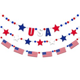 Doumeny 3Pcs 4th of July Felt Banner USA Garland Banner with Star American Flag Felt Hanging Banner Independence Day Party Garland Patriotic Star Pompom Ball Garland Bunting for Home Wall