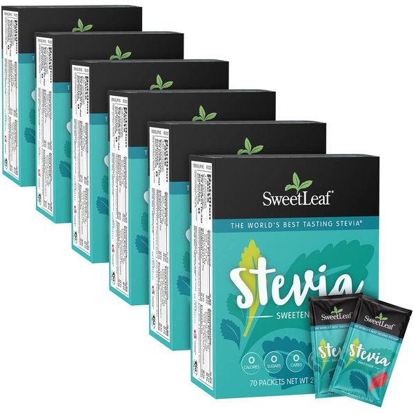 SweetLeaf Stevia Packets - Zero Calorie Natural Stevia Powder, No Bitter Aftertaste, Sugar Substitute for Keto Coffee, Nothing Artificial, Non-GMO Stevia Sweetener Packets, 70 Count (Pack of 6)