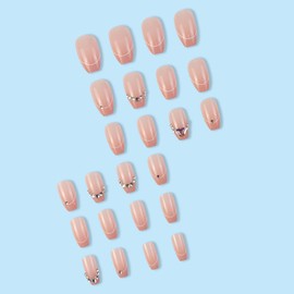 French Gradient Press on Nails Medium Love Heart Diamond False Nails Square Nails Artificial Acrylic Nails Rhinestones Design Nude Fake Nails Full Cover Reusable Coffin Nails Glue on Nails for Women