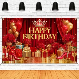 Mocsicka Red and Gold Birthday Banner(Red, 70.8 x 43.3 Inch)