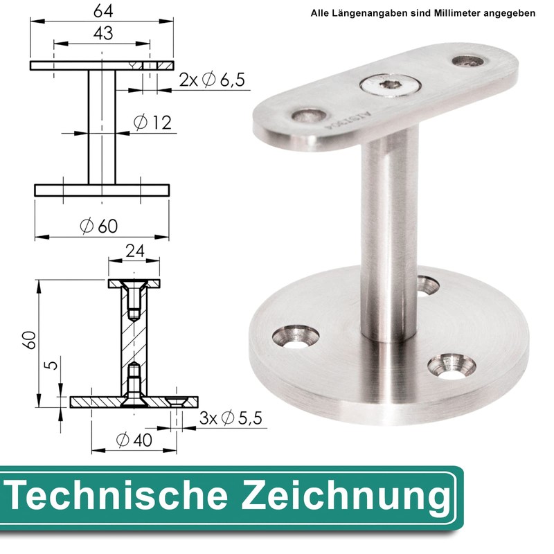 PRIOstahl Handrail Holder Handrail Support Wall Bracket Handrail Support -