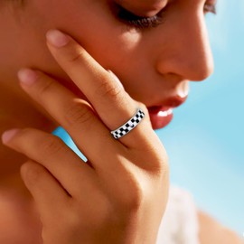 AmorArtSky Modern Silver Stainless Steel Finish, Sleek Black and White Checkered Pattern Knuckle Ring for Women, Comfort Fit Stackable Band Gift. (Size 6-10)