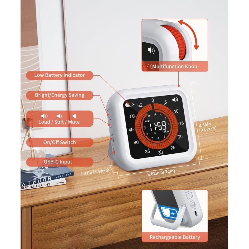 MeesMeek Digital Visual Timer - Max 11H 59M Rechargeable Countdown