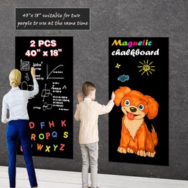 LACQWO 2 Pcs Magnetic Chalkboard Contact Paper for Wall 40"x18" Self Adhesive Magnetic Blackboard Sticker with 53 Magnet Letter for Kids, Black Chalk Board Wallpaper Roll Magnet Bulletin Board