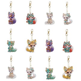 Augweyang Fox Diamond Painting Keychains Kits 12Pcs Animals Double Sided 5D Full Drill DIY Diamond Key Rings Art Ornaments for Kids Adults Home Craft Decoration Supplies Party Favors