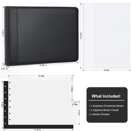 Antner Zippered 7 Ring Business Checkbook Binder Portfolio for 3-on-a-Page Business Checks, 600 Checks Capacity, PU Leather Check Book Binder Cover with Zipper Pouch & Dividers for 9x13 Sheets, Black