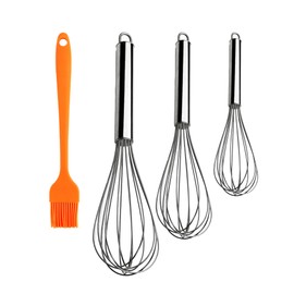 Kitchen Utensil Set with 3 Metal Whisks in 9, 7, 11 inches and Orange Silicone Basting Brush 8 x 1.25 inches