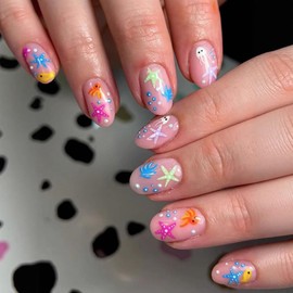 Summer Press on Nails Short Oval Fake Nails Summer Glue on Nails with Starfish Jellyfish Designs Nude Pink Acrylic Full Cover False Nails Kit Short Almond Nails Reusable Stick on Nails for Women 24PCS