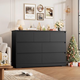FACBOTALL Dresser for Bedroom, Modern White Dresser, Wood Chest of Drawers Nursery Dresser with Storage, 7 Drawer Double Dresser with Handle Free, Large Storage Dresser Organizer for Living Room,Black