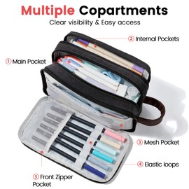 Sooez Large Pencil Case Pouch, Extra Big Pencil Pouch Pencil Bag with PU Handle & Zipper, Sturdy Pen Case with 3 Compartments, Aesthetic School College Supplies Organizer for Men Women Boys, Pink