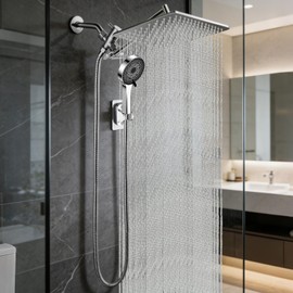 12 Inch Shower Head, Rain Shower Head with Adustable Extension Arm, Detachable Silver Rina Shower Head with Handheld Spray, High Pressure Shower Hose with Holder in Bathroom(Silver)