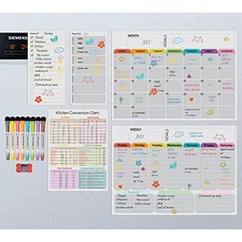 Magnetic Calendar Planner for Fridge Magnetic Weekly Meal Planner Board for Fridge - Measurement Conversion Chart Magnet - Family Menu Organiser, Shopping List, Daily to do Schedule 8 Markers 1 Eraser