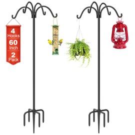 Tikimilor 4-Hooks Shepherds Hooks for Outdoor, 60" Heavy Duty Bird Feeder Pole with 5 Prongs Base, Adjustable Garden Hook for Hanging Solar Light, Lanterns, Plant, 2pack